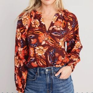 Floral Long-Sleeve Split-Neck Top